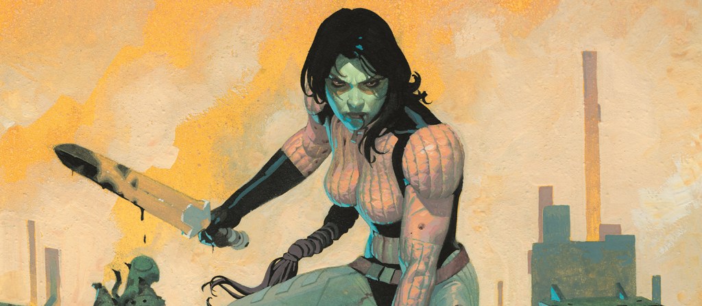 Gamora crouching ready for battle, holding a sword stained with black blood