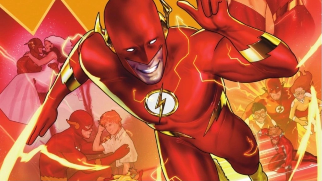Wally West as the Flash running forward, surrounded by moments from his life featuring Barry Allen talking to young Wally, Wally marrying his wife Linda, and Wally running with his children Jai and Irey