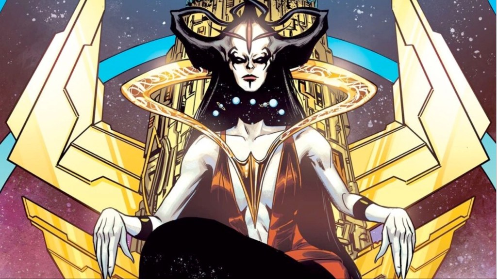 Perpetua, sitting on her throne, looking down imperiously.