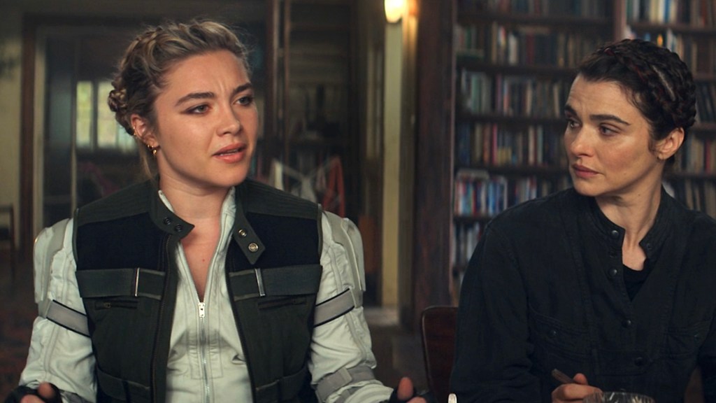 Florence Pugh as Yelena Belova and Rachel Weisz as Melina Vostokoff in Black Widow